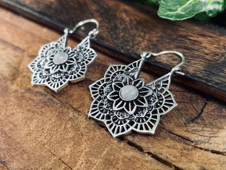 Small Boho Hoops Moonstone Silver Earrings / Mandala Shape / Ethnic / Rustic / Yoga / Hippie / Boho Jewellery / Bohemian / Festival