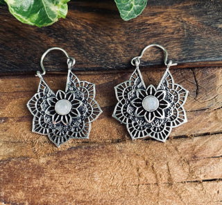 Small Boho Hoops Moonstone Silver Earrings / Mandala Shape / Ethnic / Rustic / Yoga / Hippie / Boho Jewellery / Bohemian / Festival