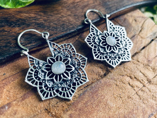 Small Boho Hoops Moonstone Silver Earrings / Mandala Shape / Ethnic / Rustic / Yoga / Hippie / Boho Jewellery / Bohemian / Festival