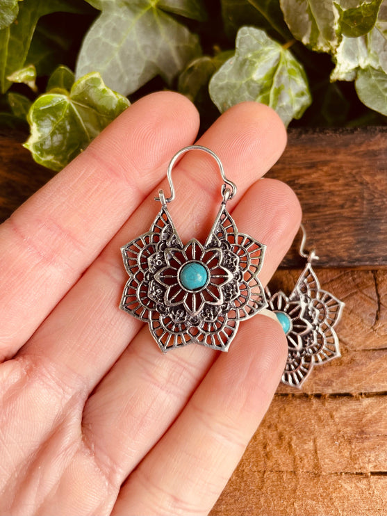 Boho Silver Hoops Turquoise Earrings / Small Earrings / Mandala / Ethnic / Rustic / Yoga / Hippie / Gypsy / Psy / Bohemian / Festival