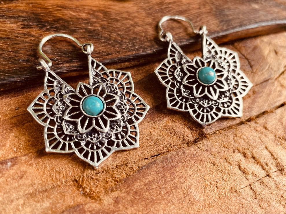 Boho Silver Hoops Turquoise Earrings / Small Earrings / Mandala / Ethnic / Rustic / Yoga / Hippie / Gypsy / Psy / Bohemian / Festival