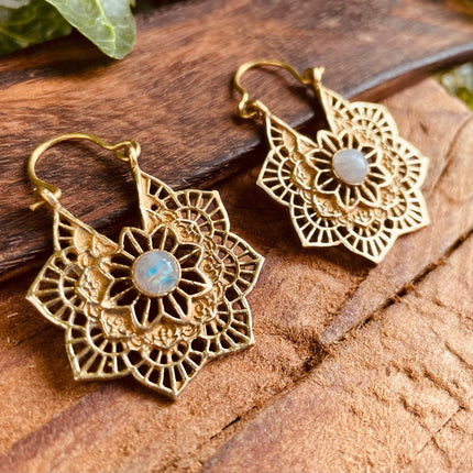 Moonstone Gold Earrings Small Boho Hoops / Mandala Shape / Ethnic / Rustic / Yoga / Hippie / Boho Jewellery / Bohemian / Festival