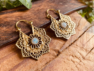 Mandala Shape Moonstone Brass Earrings, Small Boho Hoops, Bohemian Jewellery