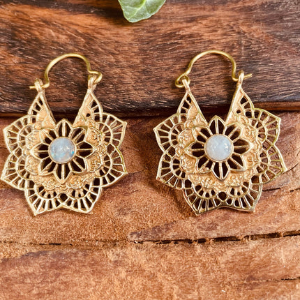 Moonstone Gold Earrings Small Boho Hoops / Mandala Shape / Ethnic / Rustic / Yoga / Hippie / Boho Jewellery / Bohemian / Festival