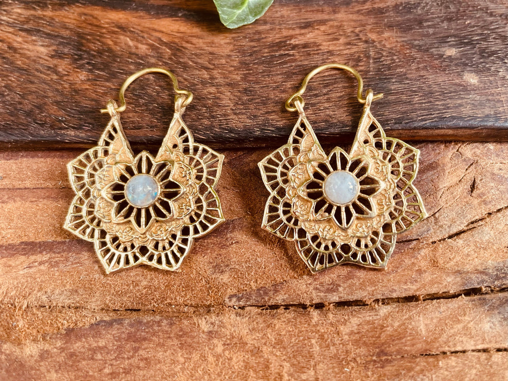 Moonstone Gold Earrings Small Boho Hoops / Mandala Shape / Ethnic / Rustic / Yoga / Hippie / Boho Jewellery / Bohemian / Festival