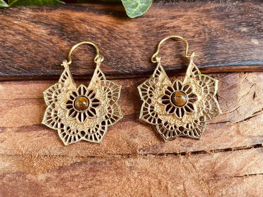 Tiger's Eye Gold Earrings Small Boho Hoops / Mandala Shape / Ethnic / Rustic / Yoga / Hippie / Boho Jewellery / Bohemian / Festival