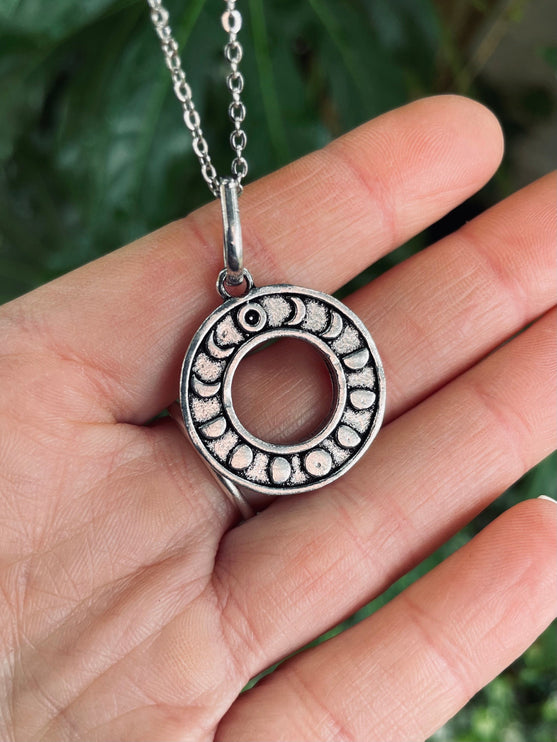 Lunar Calendar Necklace / Moon Phases / Hypoallergenic / Silver / Yoga / Reiki / Boho / Hippie / Rustic / Ethnic / Crystals / Third Eye /