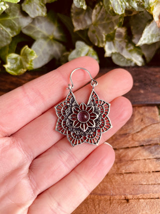 Small Boho Hoops Amethyst Silver Earrings / Mandala Shape / Ethnic / Rustic / Yoga / Hippie / Boho Jewellery / Bohemian / Festival