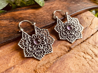 Small Boho Hoops Amethyst Silver Earrings / Mandala Shape / Ethnic / Rustic / Yoga / Hippie / Boho Jewellery / Bohemian / Festival