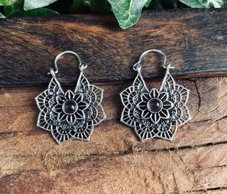 Small Boho Hoops Amethyst Silver Earrings / Mandala Shape / Ethnic / Rustic / Yoga / Hippie / Boho Jewellery / Bohemian / Festival