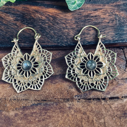 Labradorite Small Boho Hoops Gold Earrings / Mandala Shape / Ethnic / Rustic / Yoga / Hippie / Boho Jewellery / Bohemian / Festival