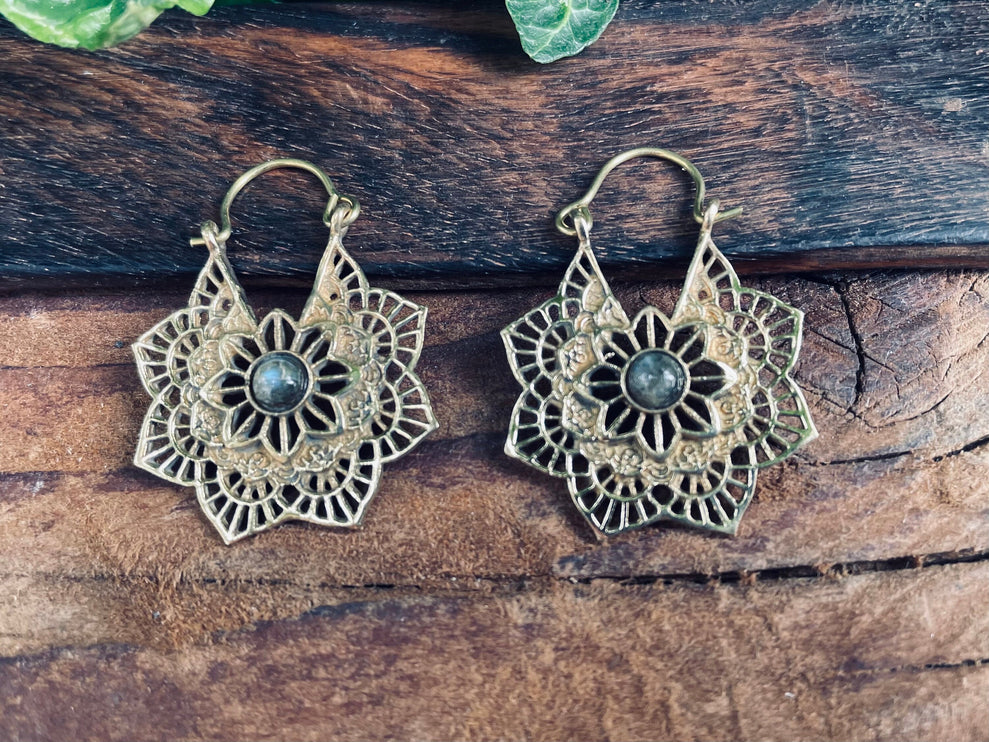 Labradorite Small Boho Hoops Gold Earrings / Mandala Shape / Ethnic / Rustic / Yoga / Hippie / Boho Jewellery / Bohemian / Festival