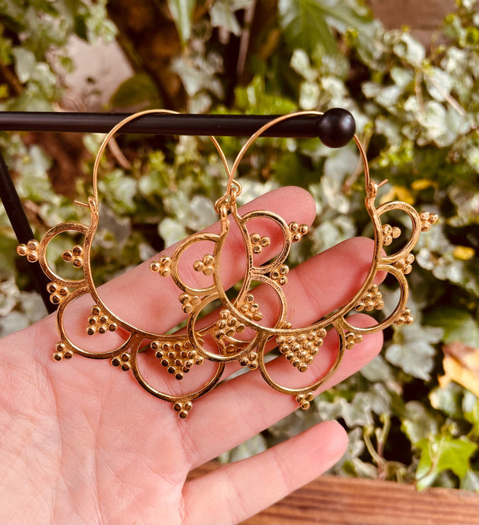 Extra Large Flower Hoops Brass Earrings / Boho / Ethnic / Rustic / Indian / Festival / Gypsy / Spiral / Hippie / Ibiza Coachellea style