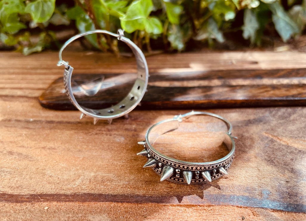 Silver Spike Hoop Earrings / Steampunk / Boho Jewellery / Punk / Goth Fashion / Tattoo / Ethnic / Rustic / Gypsy / Spiral / Hippie style