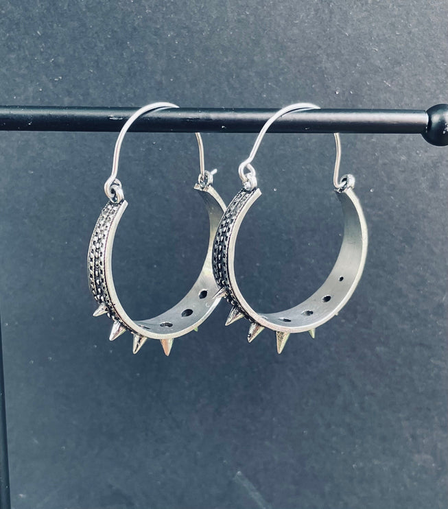 Silver Spike Hoop Earrings / Steampunk / Boho Jewellery / Punk / Goth Fashion / Tattoo / Ethnic / Rustic / Gypsy / Spiral / Hippie style