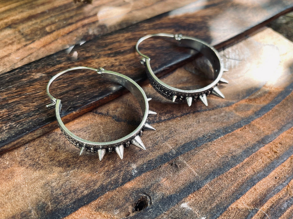 Silver Spike Hoop Earrings / Steampunk / Boho Jewellery / Punk / Goth Fashion / Tattoo / Ethnic / Rustic / Gypsy / Spiral / Hippie style