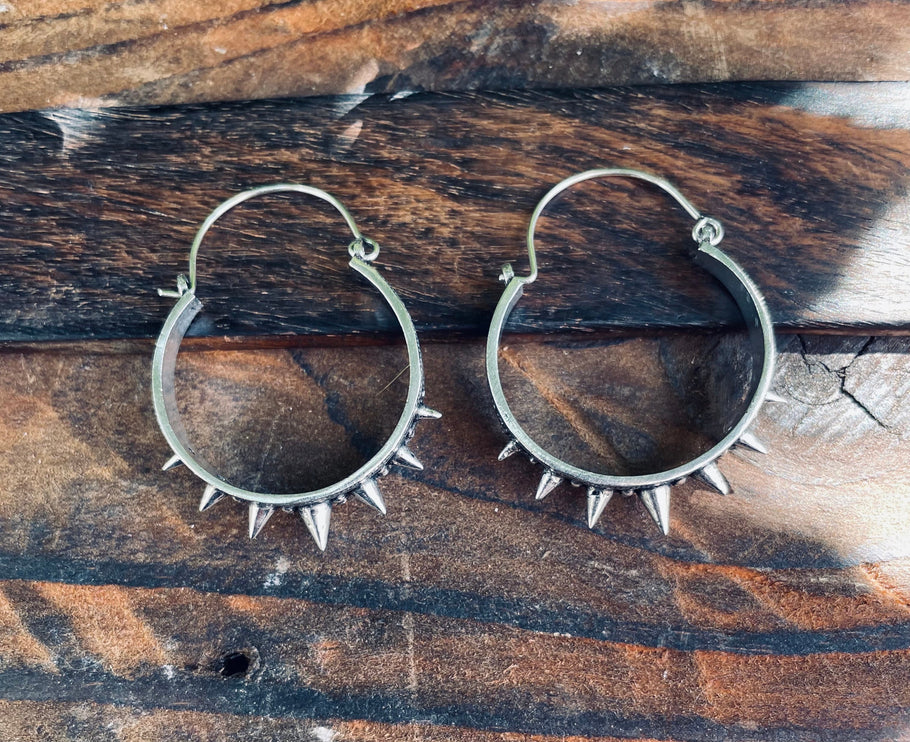 Silver Spike Hoop Earrings / Steampunk / Boho Jewellery / Punk / Goth Fashion / Tattoo / Ethnic / Rustic / Gypsy / Spiral / Hippie style