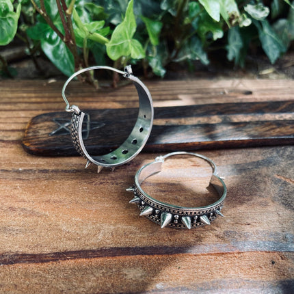 Silver Spike Hoop Earrings / Steampunk / Boho Jewellery / Punk / Goth Fashion / Tattoo / Ethnic / Rustic / Gypsy / Spiral / Hippie style