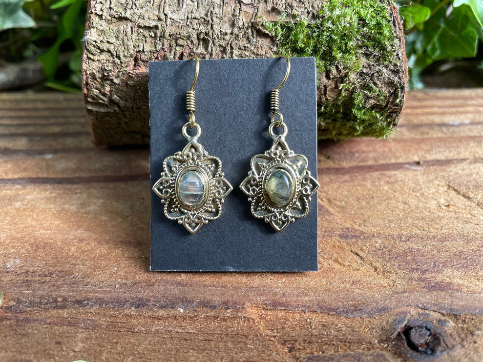 Labrdorite Earrings Drop Dangle Brass / Boho Jewellery / Bohemian Style / Ethnic Fashion / Rustic / Yoga / Crystals / Healing / Gift for Her