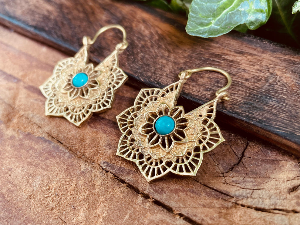 Boho Hoops Turquoise Brass Earrings / Small Earrings / Mandala / Ethnic / Rustic / Yoga / Hippie / Gypsy / Psy / Bohemian / Festival