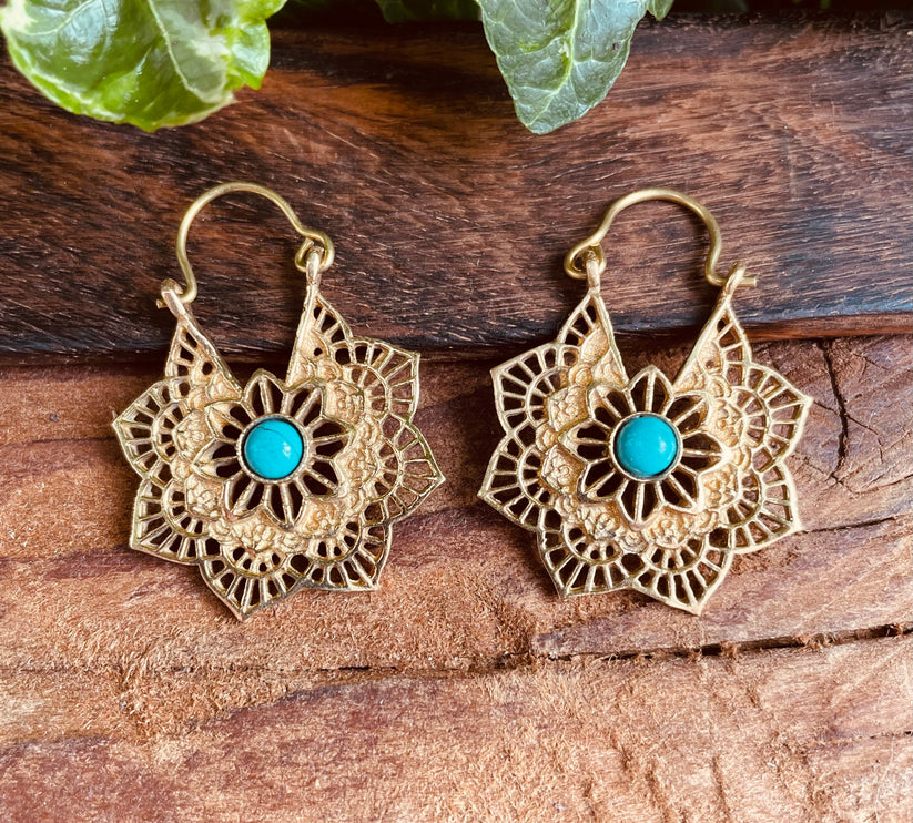 Boho Hoops Turquoise Brass Earrings / Small Earrings / Mandala / Ethnic / Rustic / Yoga / Hippie / Gypsy / Psy / Bohemian / Festival