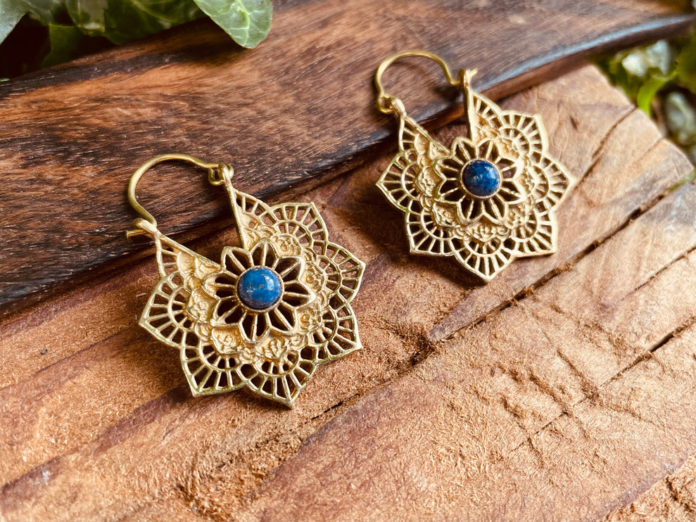 Lapis Lazuli Boho Earrings Brass Earrings / Mandala Star Shape / Ethnic / Rustic / Yoga / Hippie / Gypsy / Psy / Bohemian / Festival