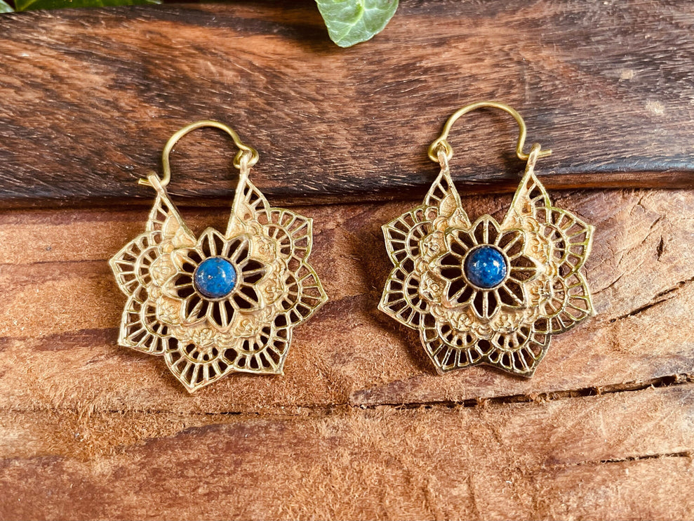 Lapis Lazuli Boho Earrings Brass Earrings / Mandala Star Shape / Ethnic / Rustic / Yoga / Hippie / Gypsy / Psy / Bohemian / Festival