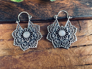 Small Boho Hoops Moonstone Silver Earrings / Mandala Shape / Ethnic / Rustic / Yoga / Hippie / Boho Jewellery / Bohemian / Festival