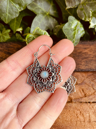 Small Boho Hoops Moonstone Silver Earrings / Mandala Shape / Ethnic / Rustic / Yoga / Hippie / Boho Jewellery / Bohemian / Festival