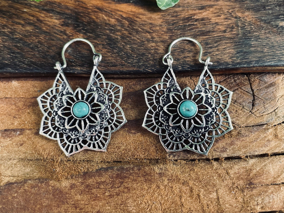 Boho Silver Hoops Turquoise Earrings / Small Earrings / Mandala / Ethnic / Rustic / Yoga / Hippie / Gypsy / Psy / Bohemian / Festival