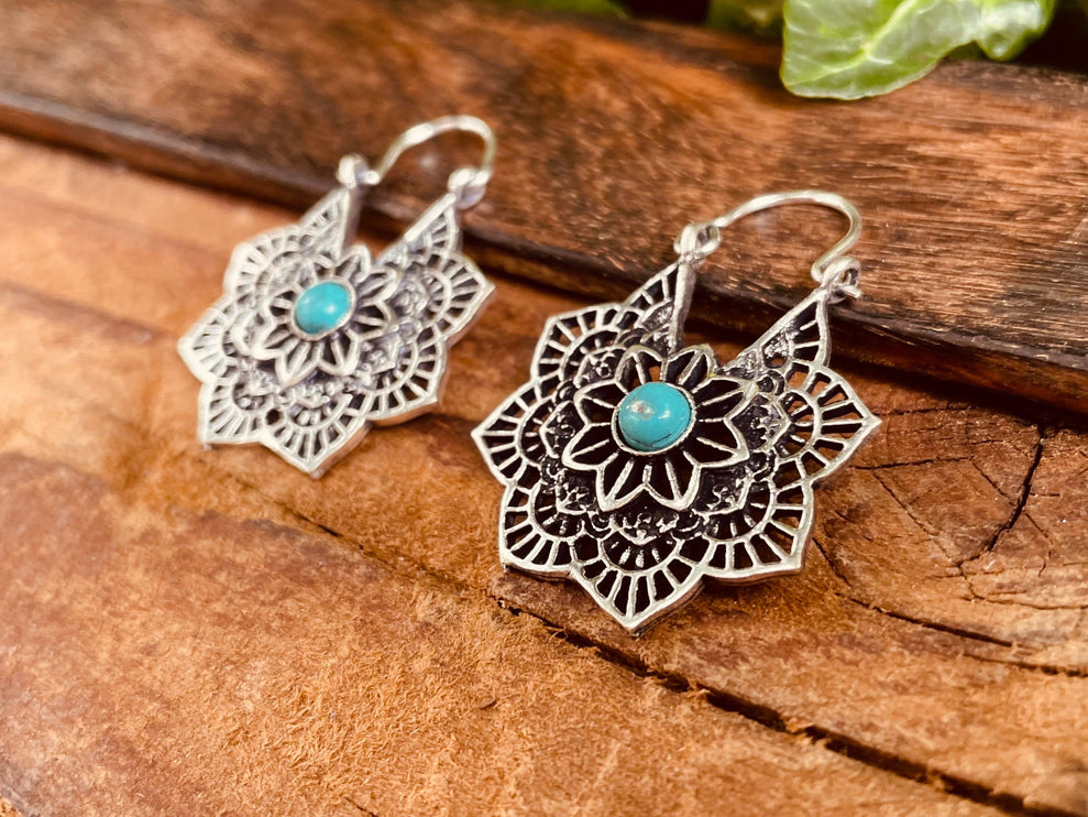 Boho Silver Hoops Turquoise Earrings / Small Earrings / Mandala / Ethnic / Rustic / Yoga / Hippie / Gypsy / Psy / Bohemian / Festival