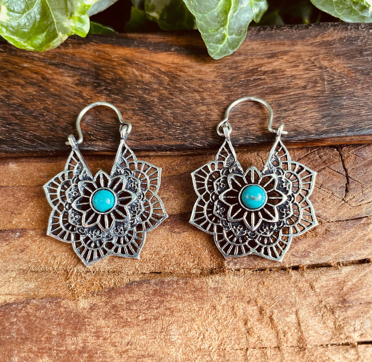 Boho Silver Hoops Turquoise Earrings / Small Earrings / Mandala / Ethnic / Rustic / Yoga / Hippie / Gypsy / Psy / Bohemian / Festival