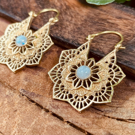 Moonstone Gold Earrings Small Boho Hoops / Mandala Shape / Ethnic / Rustic / Yoga / Hippie / Boho Jewellery / Bohemian / Festival