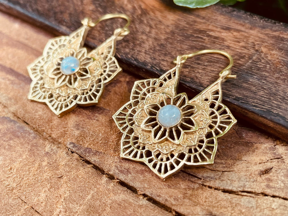 Moonstone Gold Earrings Small Boho Hoops / Mandala Shape / Ethnic / Rustic / Yoga / Hippie / Boho Jewellery / Bohemian / Festival