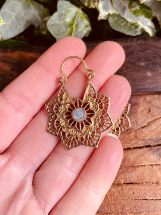 Moonstone Gold Earrings Small Boho Hoops / Mandala Shape / Ethnic / Rustic / Yoga / Hippie / Boho Jewellery / Bohemian / Festival