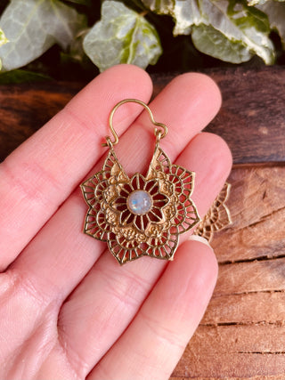 Mandala Shape Moonstone Brass Earrings, Small Boho Hoops, Bohemian Jewellery