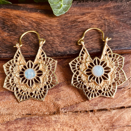 Moonstone Gold Earrings Small Boho Hoops / Mandala Shape / Ethnic / Rustic / Yoga / Hippie / Boho Jewellery / Bohemian / Festival