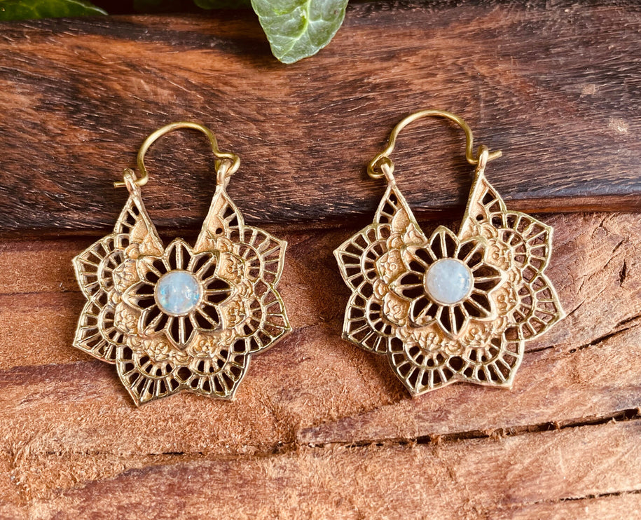 Moonstone Gold Earrings Small Boho Hoops / Mandala Shape / Ethnic / Rustic / Yoga / Hippie / Boho Jewellery / Bohemian / Festival