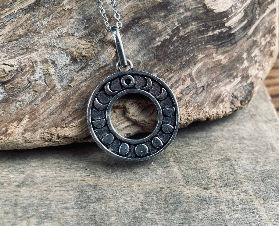 Lunar Calendar Necklace / Moon Phases / Hypoallergenic / Silver / Yoga / Reiki / Boho / Hippie / Rustic / Ethnic / Crystals / Third Eye /