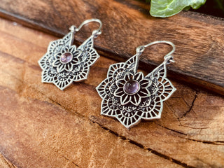 Small Boho Hoops Amethyst Silver Earrings / Mandala Shape / Ethnic / Rustic / Yoga / Hippie / Boho Jewellery / Bohemian / Festival