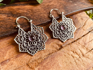 Small Boho Hoops Amethyst Silver Earrings / Mandala Shape / Ethnic / Rustic / Yoga / Hippie / Boho Jewellery / Bohemian / Festival
