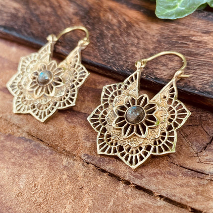 Labradorite Small Boho Hoops Gold Earrings / Mandala Shape / Ethnic / Rustic / Yoga / Hippie / Boho Jewellery / Bohemian / Festival