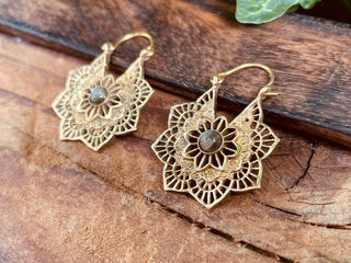 Labradorite Small Boho Hoops Gold Earrings / Mandala Shape / Ethnic / Rustic / Yoga / Hippie / Boho Jewellery / Bohemian / Festival