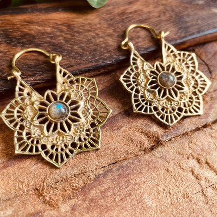 Labradorite Small Boho Hoops Gold Earrings / Mandala Shape / Ethnic / Rustic / Yoga / Hippie / Boho Jewellery / Bohemian / Festival