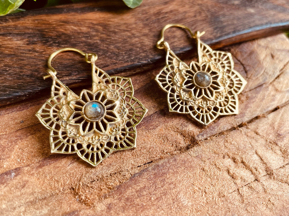 Labradorite Small Boho Hoops Gold Earrings / Mandala Shape / Ethnic / Rustic / Yoga / Hippie / Boho Jewellery / Bohemian / Festival