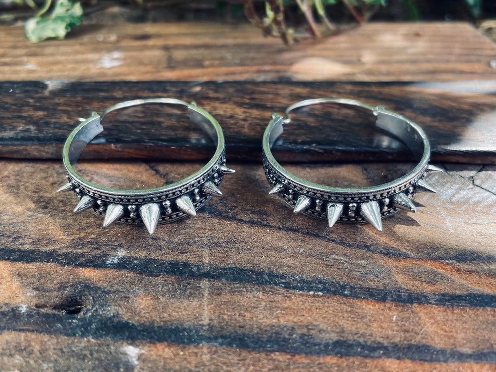 Silver Spike Hoop Earrings / Steampunk / Boho Jewellery / Punk / Goth Fashion / Tattoo / Ethnic / Rustic / Gypsy / Spiral / Hippie style