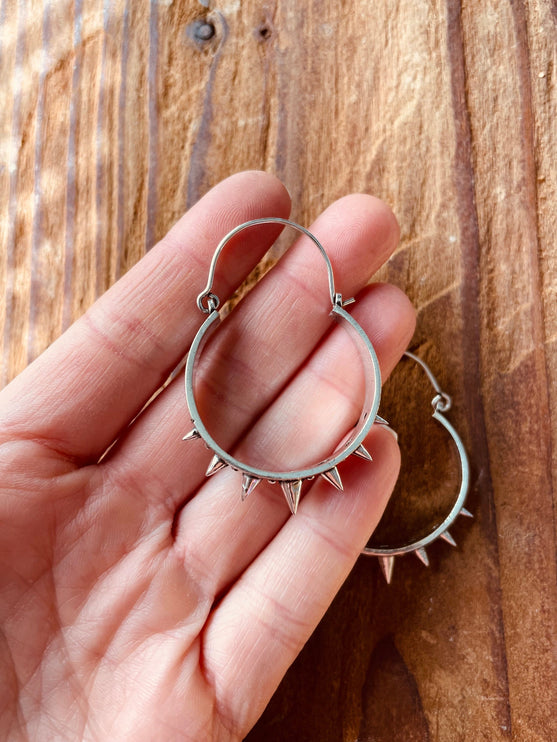 Silver Spike Hoop Earrings / Steampunk / Boho Jewellery / Punk / Goth Fashion / Tattoo / Ethnic / Rustic / Gypsy / Spiral / Hippie style