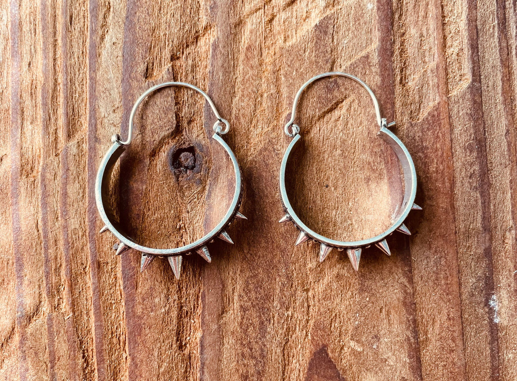 Silver Spike Hoop Earrings / Steampunk / Boho Jewellery / Punk / Goth Fashion / Tattoo / Ethnic / Rustic / Gypsy / Spiral / Hippie style