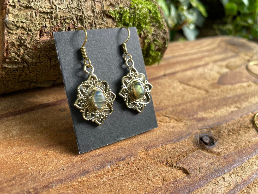 Labrdorite Earrings Drop Dangle Brass / Boho Jewellery / Bohemian Style / Ethnic Fashion / Rustic / Yoga / Crystals / Healing / Gift for Her