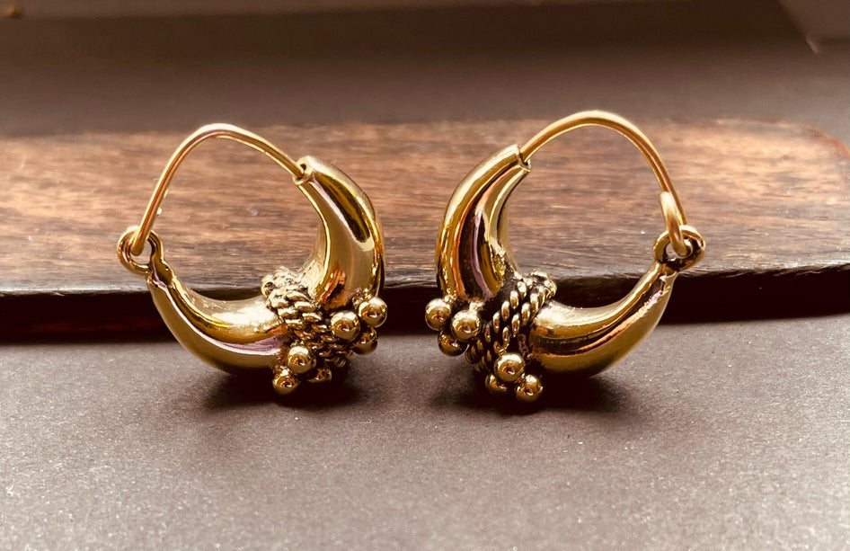 Chunky Ball Hoop Earrings Gold Brass / Boho Jewelery / Bohemian Look / Festival Fashion / Yoga / Rustic / Tribal Jewellery / Indian Design